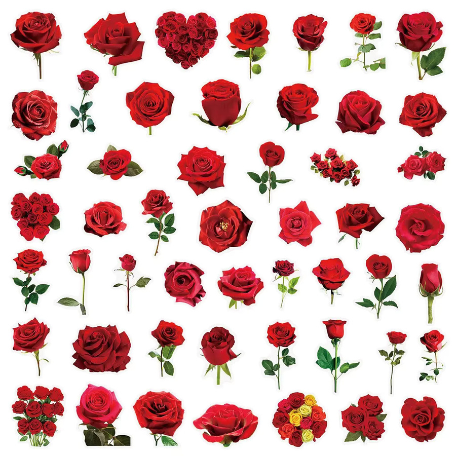 50 Stück transparente rote Rosen-Aufkleber aus wasserfestem PET von AnimeWorlds Store - Bild 3