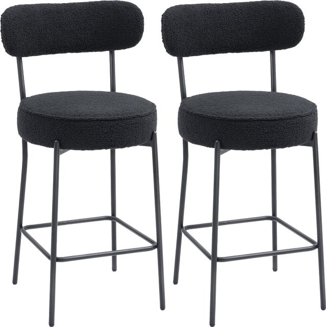 HOMCOM Barhocker 2er Set in Schwarz mit Fleece-Optik und Stahlgestell, gepolsterte Barstühle mit Lehne und Fußstütze, Sitzhöhe: 68 cm - Bild 1