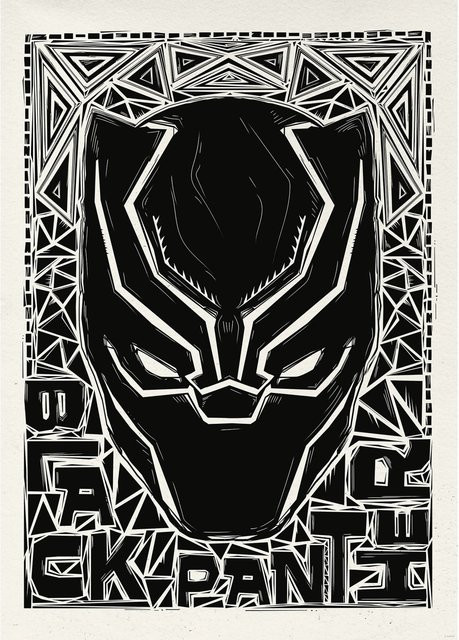 Komar Wandbild Marvel Black Panther Lino-Cut Helmet Paper Poster, Schwarz-Weiß, Breite: 50 cm, Höhe: 70 cm - Bild 1