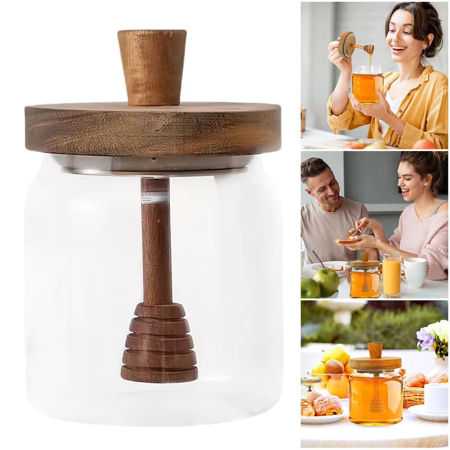 MOJOYCE Honigbehälter aus Glas mit Deckel und Löffelstäbchen, transparent - Bild 2