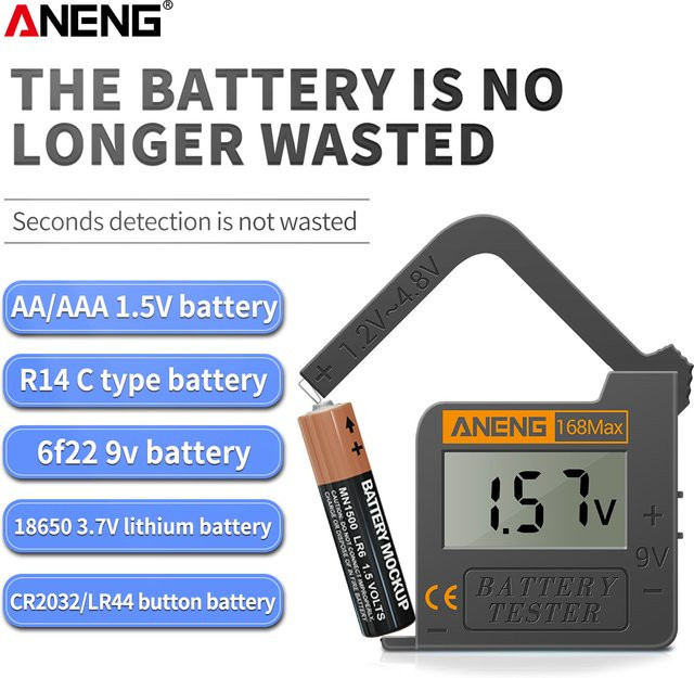 ANENG 168MAX Batterietester mit Digitalanzeige für C-, D-, AA-, AAA- und Knopfzellen in Schwarz - Bild 1