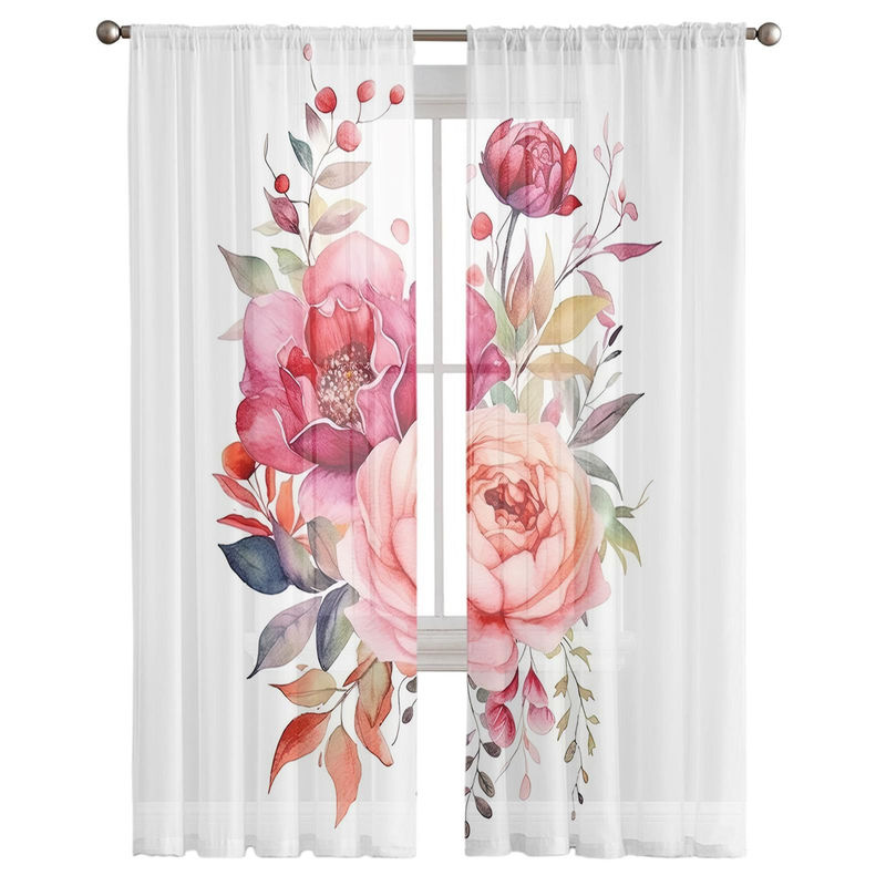 Transparente Chiffon-Fenstervorhänge mit floralem Blütenknospen- und Blatt-Design von Super Six in Weiß, Breite: 135 cm, Höhe: 114 cm - Bild 4