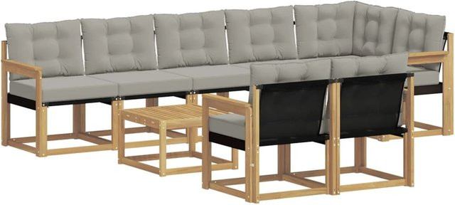 vidaXL Outdoor-Sofagarnitur 9-teilig aus Akazienholz mit Textilene-Bezug und Kissen in Weiß und Hellgrau - Bild 1