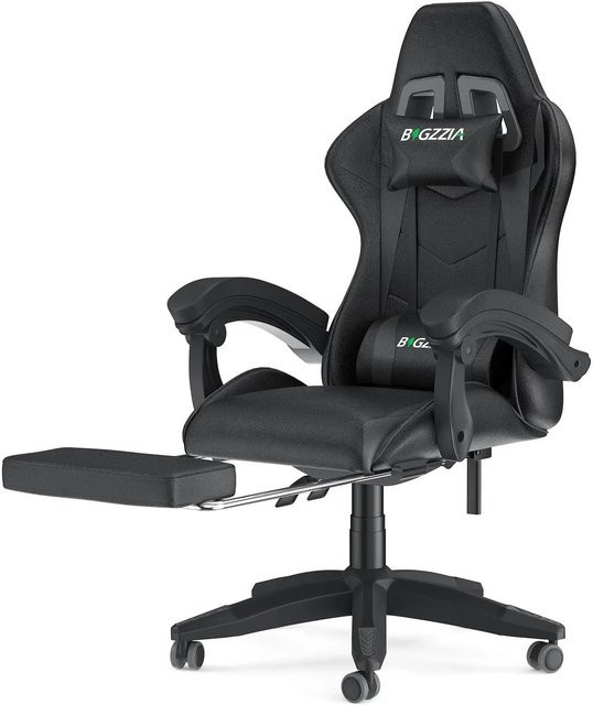 Rattantree Ergonomischer Gaming Stuhl in Schwarz mit Fußstütze, Kopfstütze und Lendenkissen aus Kunstleder und Memory Schaum - Bild 1