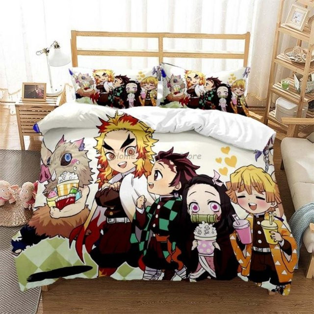 Anime Demon Slayer Bettwäsche-Set mit Motiv aus Japan, bestehend aus Bettbezug und Kissenbezug, Mehrfarbig, Material: Mikrofaser, B/H: 200 x 220 cm, Kissenbezug: 70 x 133 cm - Bild 1