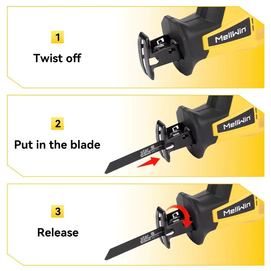 MELLWIN Bürstenlose elektrische Säbelsäge 3600W mit 4 Multiklingen für Makita 18V Akku, tragbare Schneidesäge für Holz und Metall in Gelb - Bild 4