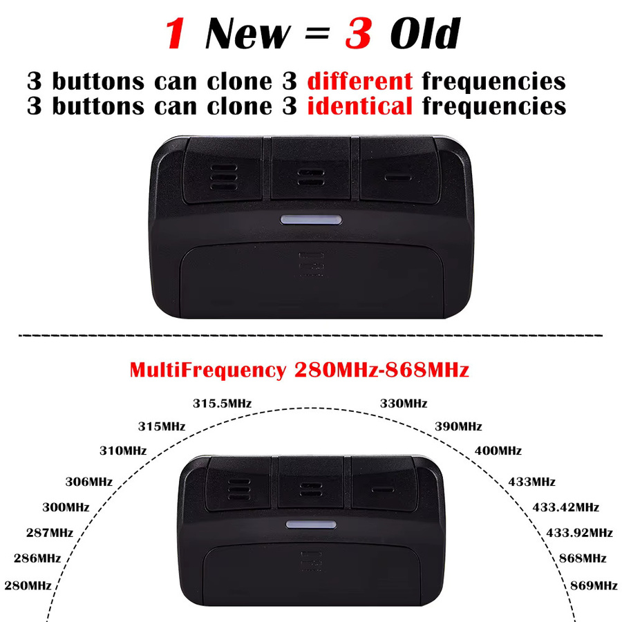 3 in 1 Multifrequenz Garagentor Fernbedienung Duplikator für Auto und Türöffner, 280 MHz-868 MHz, Schwarz - Bild 3