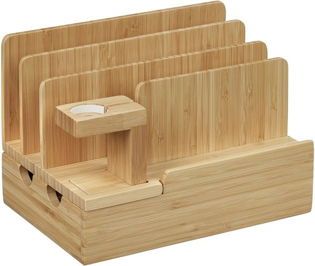 Relaxdays Ladestation aus Bambus in Natur mit Uhrenhalter B/T/H: 21,5 x 15 x 15 cm - Bild 1