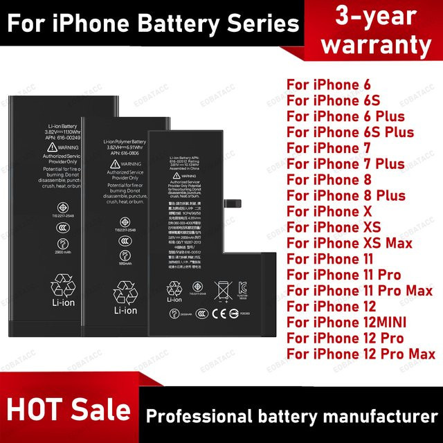 EOBATACC Ersatzakku für iPhone 6 6S 7 8 X XR XS 11 Pro Max 12 Pro Max, Farbe: Schwarz - Bild 1