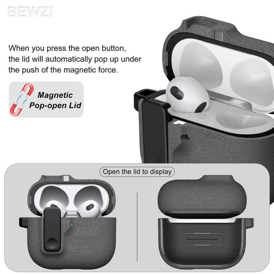 BEWZI Schutzhülle für Apple AirPods 4 mit magnetischem Pop-Open-Deckel und Druckknopfschalter in Sand, Pink oder Grau - Bild 4