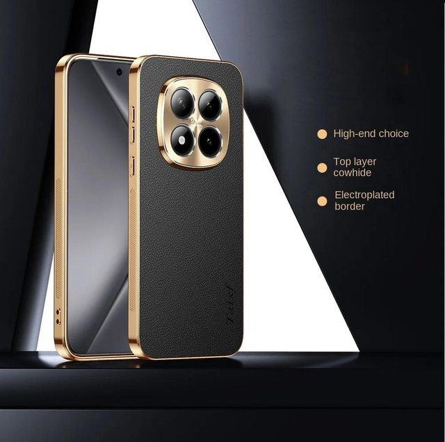 Lederhülle von RAYHONG für Redmi Note 15 Pro, Redmi Note 14 Pro Plus 4G und Redmi Note 14 Pro+ 5G, Stoßfeste Abdeckung mit glänzender Kante in Schwarz - Bild 1