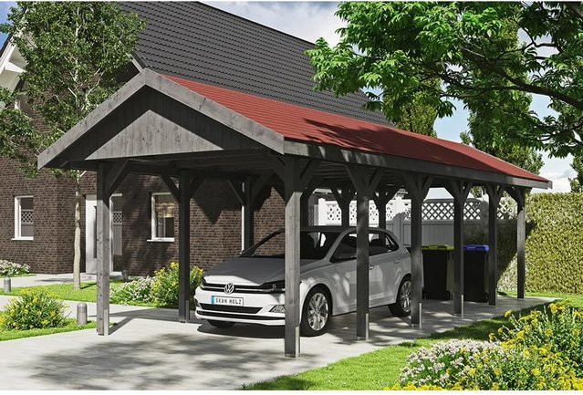 Skan Holz Carport Wallgau Satteldach aus Fichtenholz in Schiefergrau, B: 380 cm, T: 900 cm, H: 313 cm - Bild 1