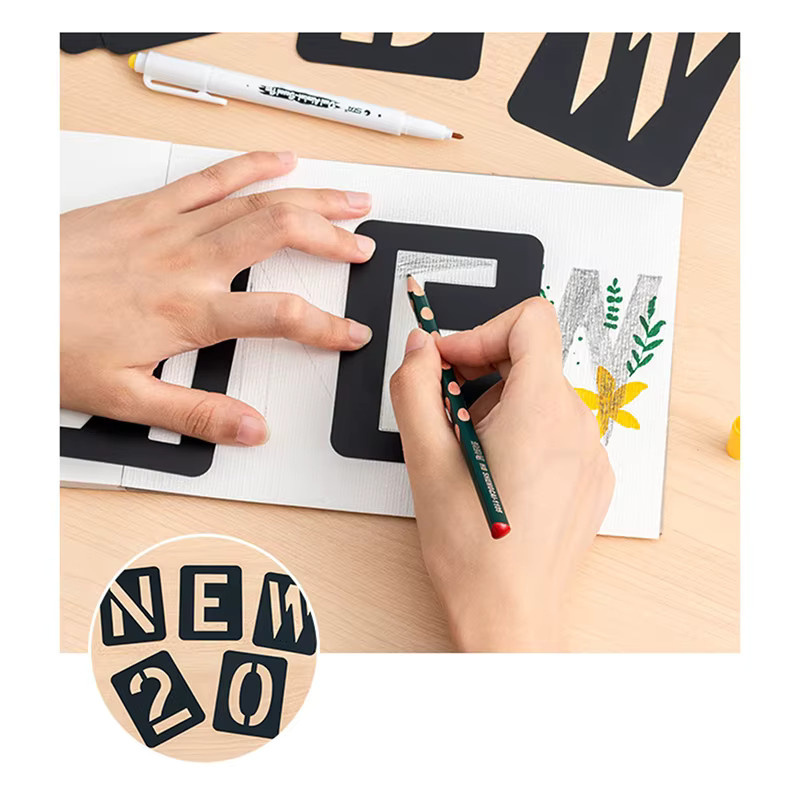 42 Stück hohle Bastelschablonen mit Buchstaben und Zahlen in Schwarz aus Kunststoff für Stempel und Prägearbeiten - Bild 2