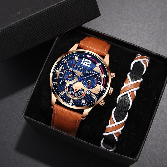 DEYROS Armbanduhr, Quarz, Leder, Blau, Gold, Herren - Bild 1