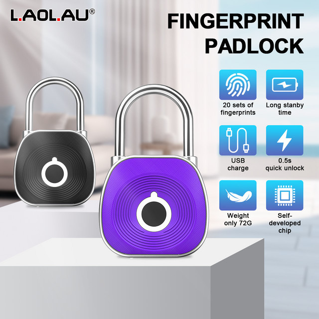 Biometrisches Smart-Vorhängeschloss von L.AOL.AU in Schwarz oder Lila, wasserdichtes digitales USB-Gepäckschloss mit Fingerabdruck-Sensor - Bild 1