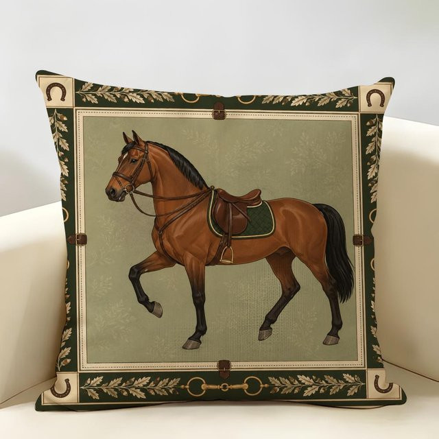 Sunset Pillow Kissenbezug mit Pferde Muster in Grün, Bio-Leinen-Stil, B/B: 30 x 30 cm - Bild 1