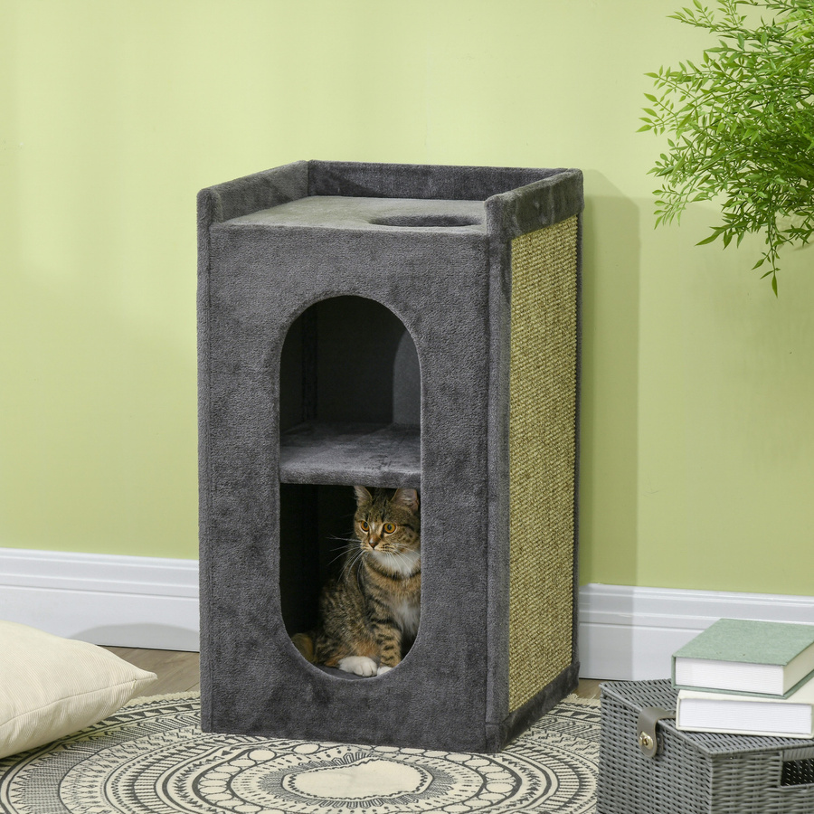 PawHut Kratztonne für Katzen in Grau mit 2 Katzenhöhlen, 2 Ebenen und Sisal-Kratzmatte aus Plüsch, B/T/H: 45 x 45 x 81 cm - Bild 2