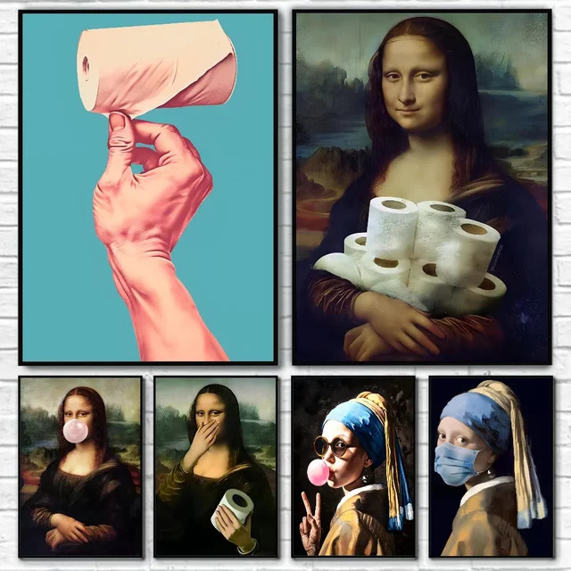 Lustiges Mona Lisa Poster mit Perlen und Toilettenpapier als Wanddekoration für dein Badezimmer aus Papier - Bild 1