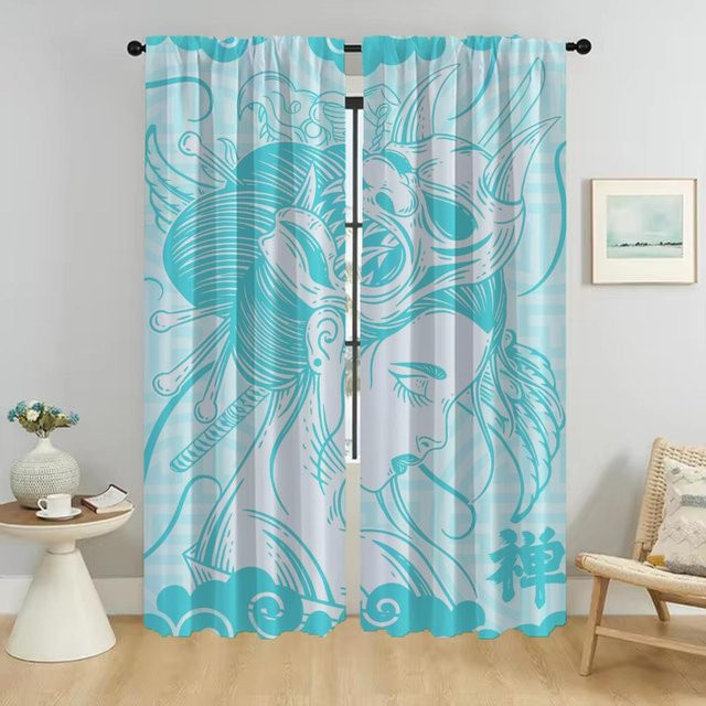 Japan Vorhänge für Schlafzimmer und Wohnzimmer, 2 Stück elegante Raumvorhänge als Raumteiler, Farbe: Türkis, Breite: 50 cm, Höhe: 70 cm - Bild 1