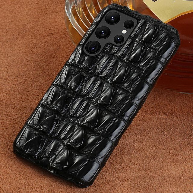 Luxus Handyhülle aus 100% echtem Krokodilleder für Samsung Galaxy S25 Ultra S24 Ultra S23 Ultra S24 S25 Plus A55 5G in Schwarz - Bild 1