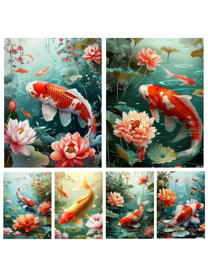 Potdemiel 5D DIY Diamantmalerei Set Koi-Fisch und Lotus Motiv in Multicolour als Wanddekoration - Bild 2