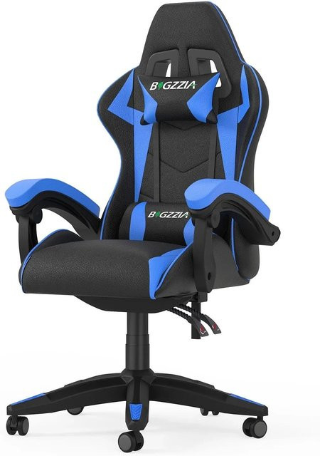 Rattantree Gaming Stuhl mit hoher Rückenlehne aus PU Leder in Blau mit Kopf- und Lendenstütze sowie Armlehnen - Bild 1