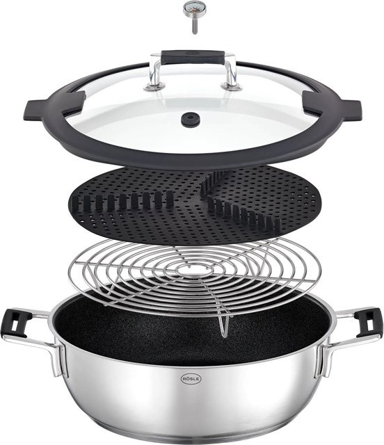 RÖSLE Silence Pro Schmorpfanne und Dampfgarer mit Deckel, Silber, Durchmesser: 28 cm, H x B x T: 16 x 39 x 29,5 cm - Bild 1