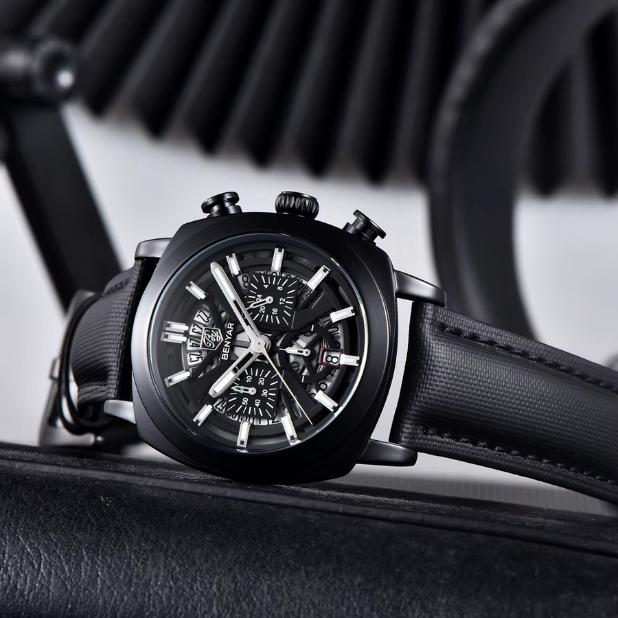 BENYAR Chronograph, Armbanduhr, Quarz, Leder, Schwarz, Herren - Bild 5