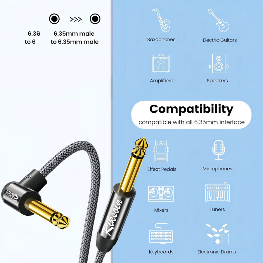 Riksoin Premium TS-Audiokabel 6,35 mm auf 6,35 mm Jack, Schwarz, symmetrisch für Gitarre, Mixer und Studio-Monitor - Bild 4