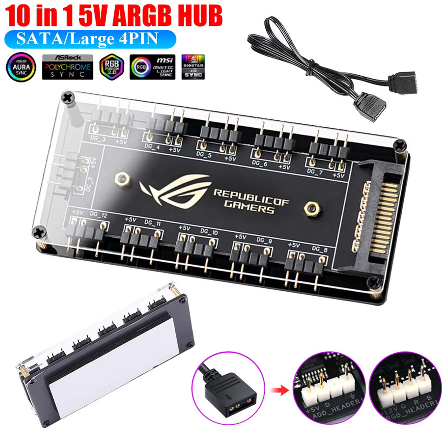 Asus AURA SYNC ARGB RGBW Kabel Splitter Hub mit 3 Pin 5V und SATA Power für LED Streifen und PC Lüfter in Schwarz - Bild 2