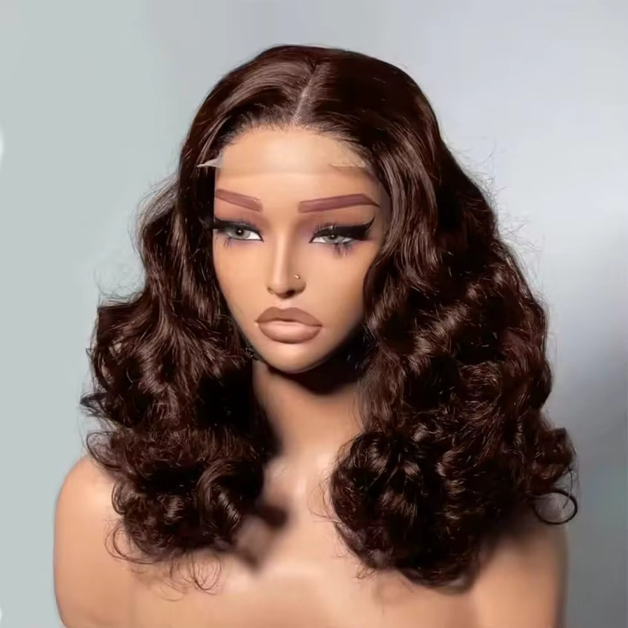 xbeauty Bob-Perücke, 100 % Echthaar, gewellt, schokoladenbraun, 13 x 4 Spitzenfront - Bild 7