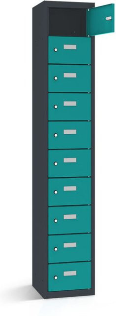 rotstahl Wertfachschrank mit 10 Fächern in Türkis und anthrazitgrauem Korpus, B/T/H: 32,5 x 30 x 180 cm - Bild 1