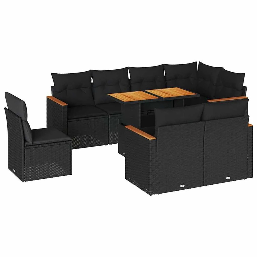 vidaXL 9-tlg. Garten-Sofagarnitur aus Poly-Rattan und Akazienholz in Schwarz mit Kissen - Bild 2