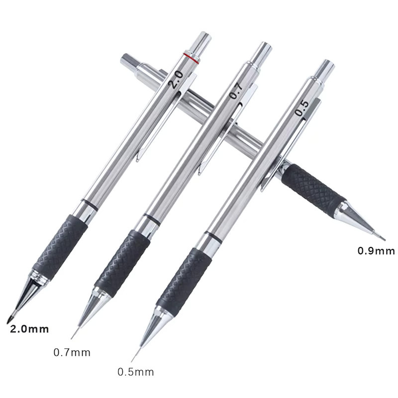 MROOFUL Metall-Druckbleistift-Set in Silber mit Griffhalterung und HB Zeichenminen, 0,5 mm, 0,7 mm, 0,9 mm und 2,0 mm für Kunst, Zeichnen und Bürobedarf - Bild 2