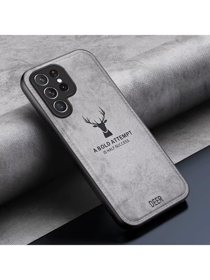 NMEGOU Hirschkopf Handyhülle aus Stoff und Leder für Samsung Galaxy S25, S24 Ultra, S23 FE, A55, A56, A16 5G in Blau und Grau - Bild 4