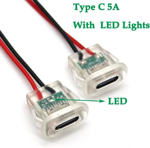 LAJQTAO Wasserdichte USB-C Ladebuchse mit LED-Beleuchtung, 2-Pin USB Typ-C 5A Anschluss, transparent - Bild 1