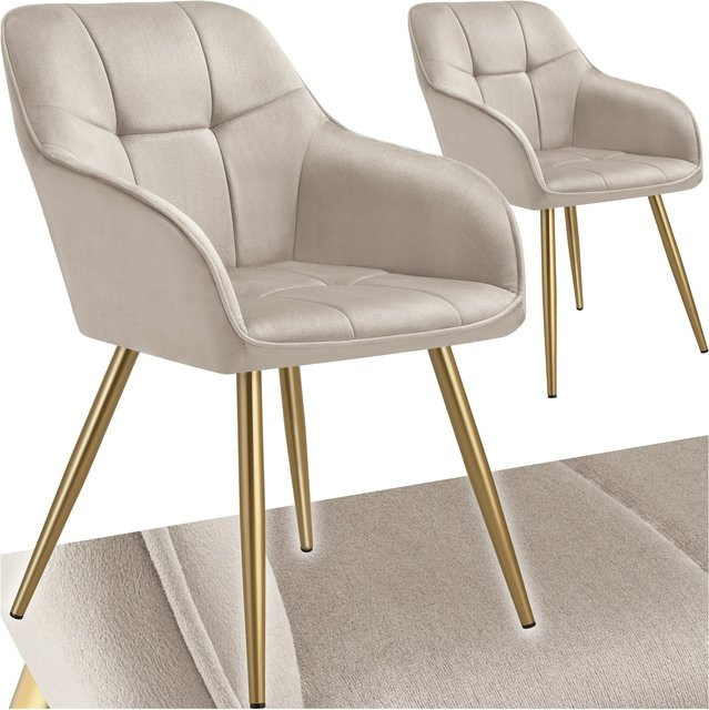 tectake Esszimmerstuhl Marilyn, gepolstert, Samtoptik, gesteppt, mit goldenen Stahlbeinen, Beige/Gold, B: 58 cm, T: 62 cm, H: 82 cm - Bild 1