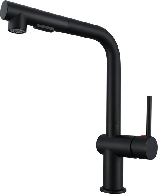 AICA Küchenarmatur L-förmig mit ausziehbarer Brause, Einhebelmischer aus Messing in Schwarz Matt, Hochbogen Wasserhahn für die Küche mit 2 Strahlarten, Höhe: 32,5 cm, Breite: 26,0 cm, Tiefe: 11,4 cm - Bild 1