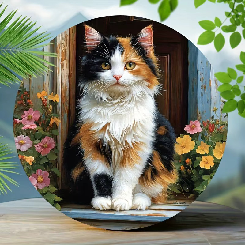 Potdemiel Vintage-Wandschild aus Aluminium mit floralem Kaliko-Katzen-Motiv, rund, Mehrfarbig - Bild 4