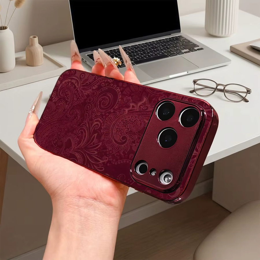 ECOCASE Handyhülle für iPhone 17 16 15 14 13 12 11 Pro Max 16E mit roter galvanisierter Glasschale im Burgunder Paisley Design - Bild 3