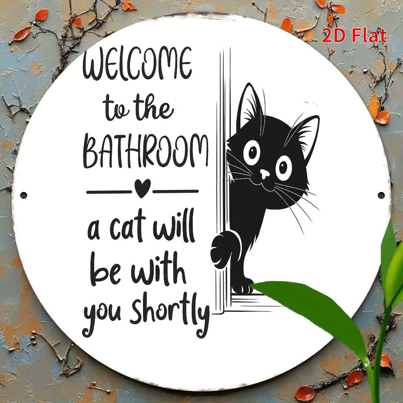 Potdemiel Badezimmer-Türschild Welcome to the Bathroom mit Katzenmotiv, rundes Metall-Türschild in Schwarz-Weiß, Durchmesser: 20 cm - Bild 3
