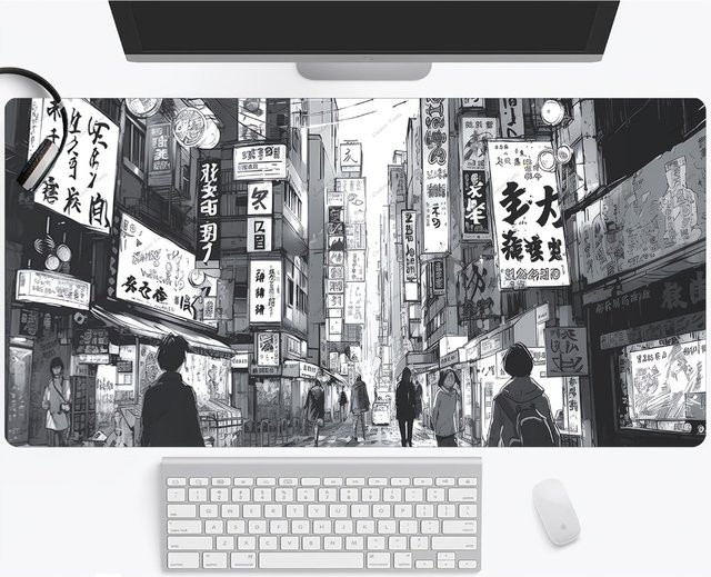 Mairuige Großes Mauspad und Tastaturpad mit Japanischer Anime Schwarz-Weiß Stadtstraßenszene für dein Gamer Setup - Bild 1
