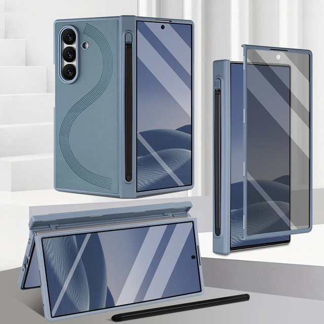 VIETAO PU-Leder Handyhülle für Galaxy Z Fold 7/6 mit Sichtschutz-Panzerglas, Touchstift und Scharnierschutz in Schwarz oder Blau - Bild 1