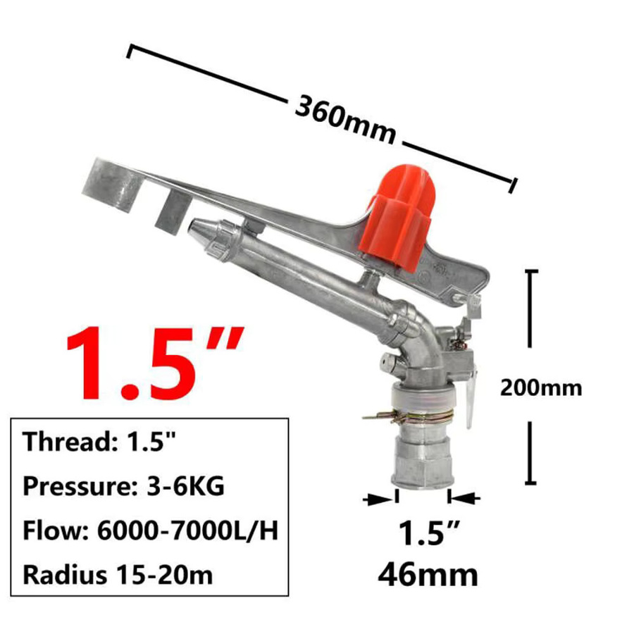WHWH Rocker Impact Sprinkler Gun Regenpistole mit 1 Zoll Innengewinde in Silber für Garten und Rasenbewässerung - Bild 2