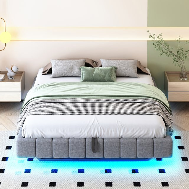 KOMHTOM Multifunktionales Polsterbett aus Leinen mit hydraulischem Stauraum und LED-Beleuchtung, B/T: 160 x 200 cm, Beige oder Grau - Bild 1