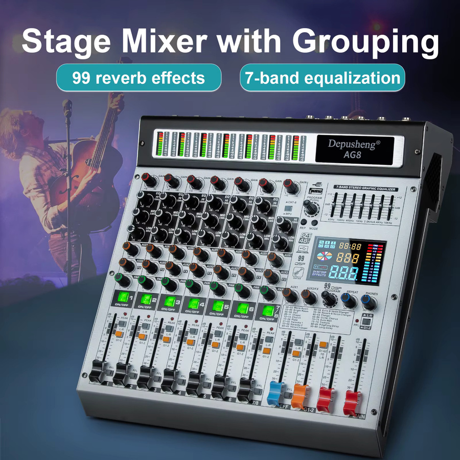 DEPUSHENG 8 Kanal DJ Mischpult mit Bluetooth und USB, Audio Mixer mit 48V Phantom Power für Karaoke und Bühne - Bild 3