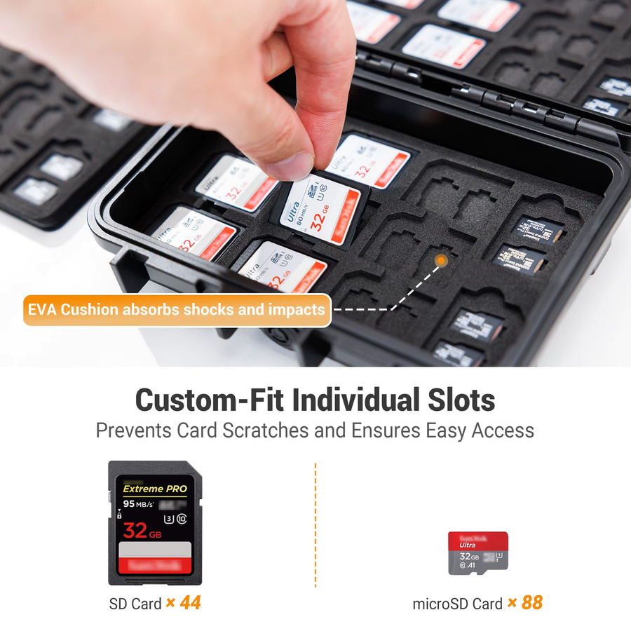 KIWIFOTOS Speicherkarten-Etui in Schwarz mit 132 Fächern für 88 MicroSD-Karten und 44 SD-Karten, tragbare IP67 wasserdichte Aufbewahrungsbox - Bild 3