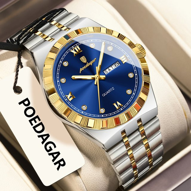 POEDAGAR Armbanduhr Edelstahl, Quarz, Silber, Herren, Wochentag, Datum - Bild 1