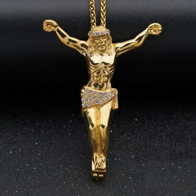 Halskette Jesus-Kreuz, goldfarben, Zirkonia, Herren - Bild 1