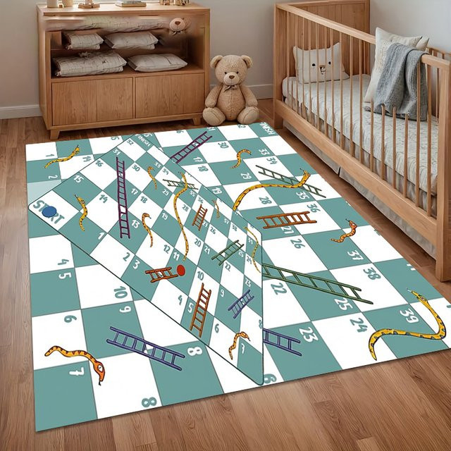 Rutschfester Schlangen-und-Leitern-Spiel Teppich in Blau-Weiß mit Streifenmuster für Wohnzimmer, Schlafzimmer und Kinderzimmer - Bild 1